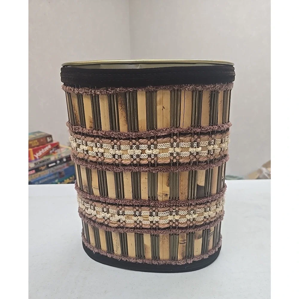 Vtg MCM Waste Can Woven Wood Maria Kipp style‎ J L Clark Orange Browns Cream USA